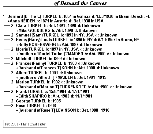 Possible descendants' tree of Sam/Bernard (The-Caterer) Turkel